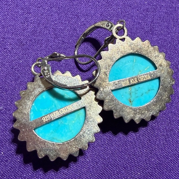 Amy Kahn Russell Sterling Silver Carved Turquoise Rose Dangle Earrings (3) - Picture 4 of 8